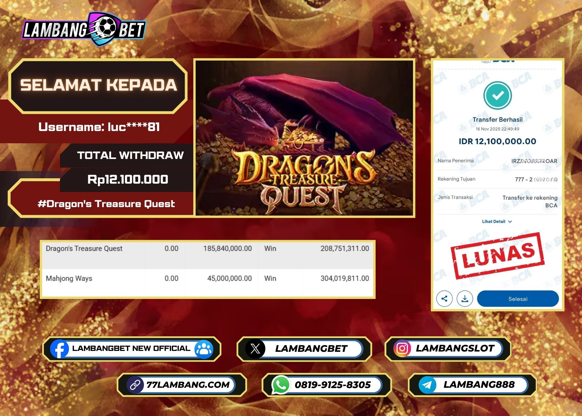 LAMBANGBET [16 NOVEMBER 2025] JACKPOT SLOT Dragon's Treasure Quest "Rp12.100.000" LUNAS